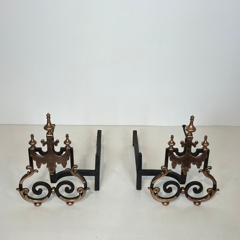 Large Pair of 19th Century Wrought Iron and Copper Andirons with Scrollwork and Flame Finials