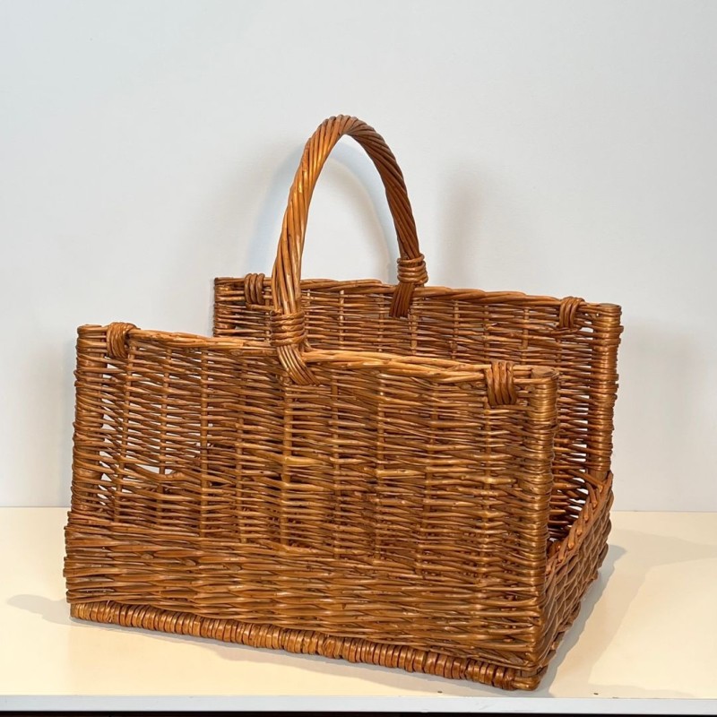 Grand Panier à Bûches en Rotin à Anse Cintrée, vers 1970