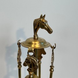 Neoclassical Brass Fireplace Companion Set with Horse Head Crown and Circular Gallery, circa 1950