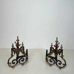 Large Pair of 19th Century Wrought Iron and Copper Andirons with Scrollwork and Flame Finials