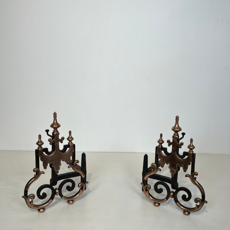 Large Pair of 19th Century Wrought Iron and Copper Andirons with Scrollwork and Flame Finials