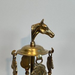 Neoclassical Brass Fireplace Companion Set with Horse Head Crown and Circular Gallery, circa 1950