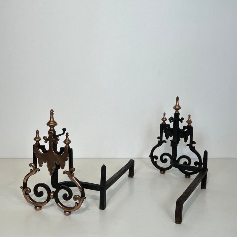 Large Pair of 19th Century Wrought Iron and Copper Andirons with Scrollwork and Flame Finials