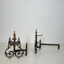 Large Pair of 19th Century Wrought Iron and Copper Andirons with Scrollwork and Flame Finials