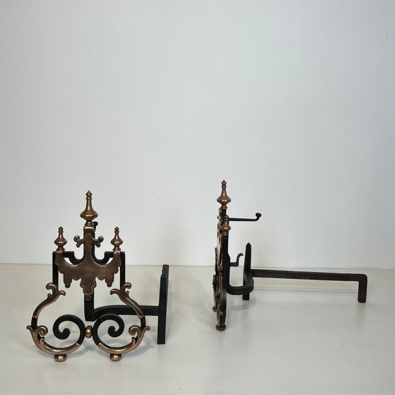 Large Pair of 19th Century Wrought Iron and Copper Andirons with Scrollwork and Flame Finials