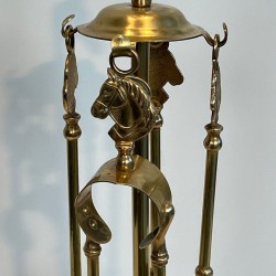 Nécessaire de Feu en Laiton à Tête de Cheval Sommitale et Galerie Circulaire, vers 1950