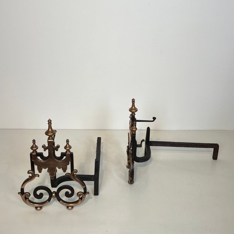 Large Pair of 19th Century Wrought Iron and Copper Andirons with Scrollwork and Flame Finials