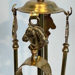 Nécessaire de Feu en Laiton à Tête de Cheval Sommitale et Galerie Circulaire, vers 1950
