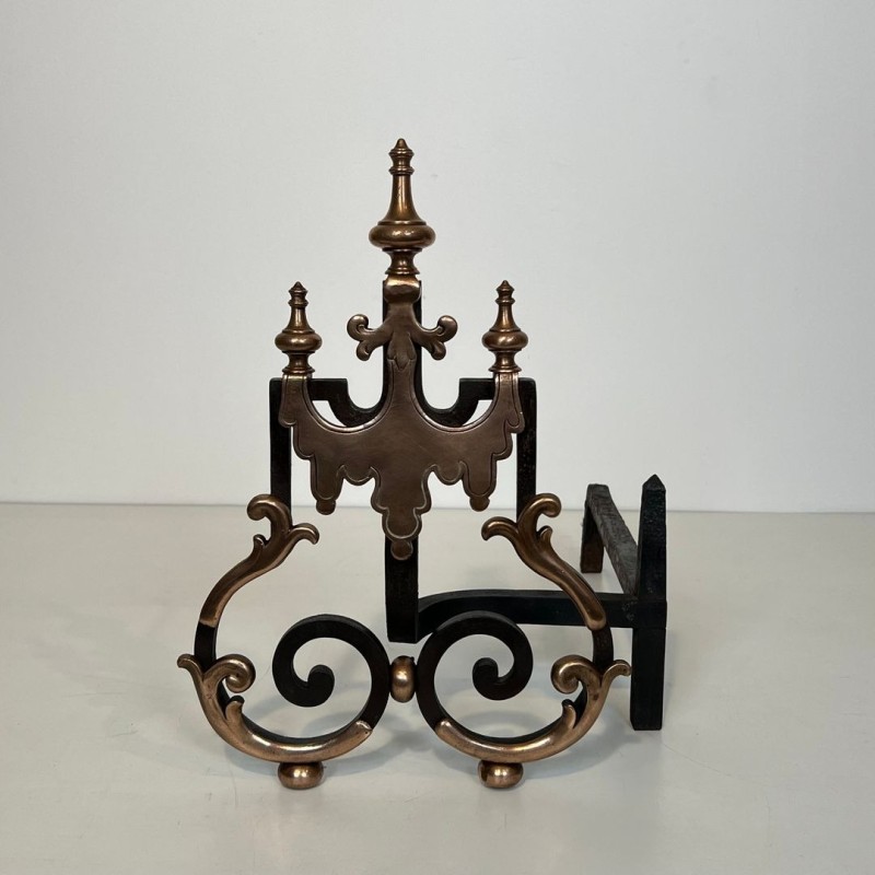 Large Pair of 19th Century Wrought Iron and Copper Andirons with Scrollwork and Flame Finials
