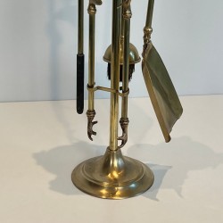 Neoclassical Brass Fireplace Companion Set with Horse Head Crown and Circular Gallery, circa 1950