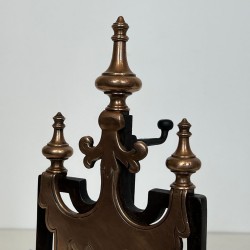 Large Pair of 19th Century Wrought Iron and Copper Andirons with Scrollwork and Flame Finials