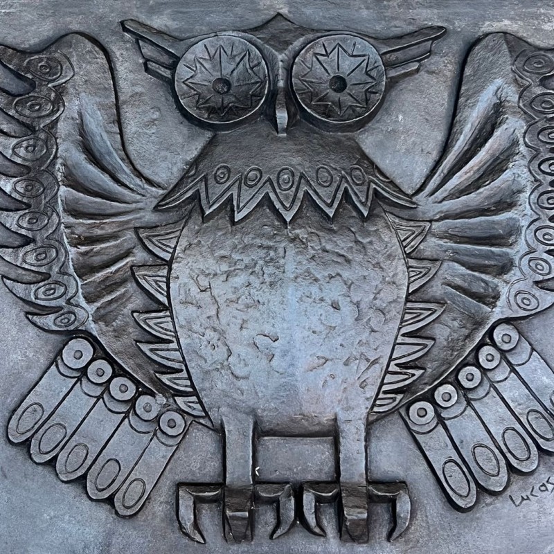 Plaque de Cheminée en Fonte Moderniste à la Chouette, Signée Lucas, Fonderie Stern, vers 1970