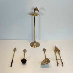 Neoclassical Brass Fireplace Companion Set with Horse Head Crown and Circular Gallery, circa 1950