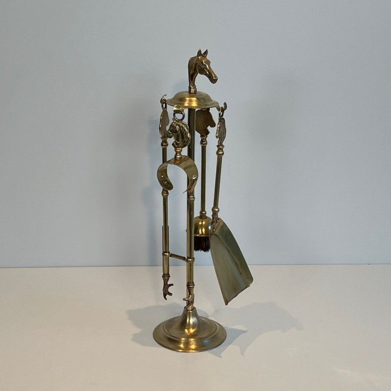 Nécessaire de Feu en Laiton à Tête de Cheval Sommitale et Galerie Circulaire, vers 1950