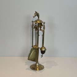 Nécessaire de Feu en Laiton à Tête de Cheval Sommitale et Galerie Circulaire, vers 1950