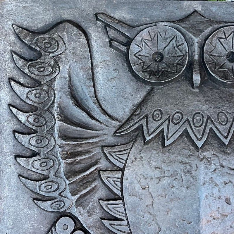 Modernist Cast Iron Fireback with Owl, Signed Lucas, Foundry Stern, French circa 1970