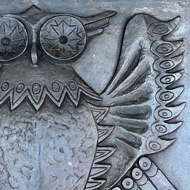 Plaque de Cheminée en Fonte Moderniste à la Chouette, Signée Lucas, Fonderie Stern, vers 1970