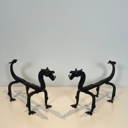 Pair of Wrought Iron Dragon Andirons, Heraldic Style, French circa 1940