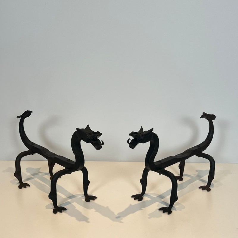 Pair of Wrought Iron Dragon Andirons, Heraldic Style, French circa 1940