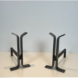 Pair of Modernist Steel Andirons with Bifurcated Upright, French circa 1970