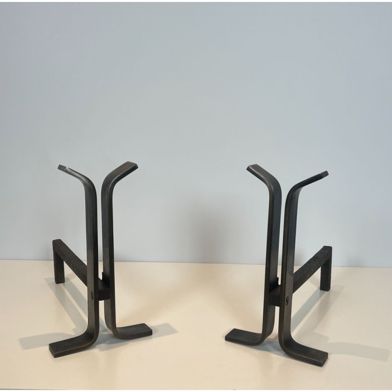 Pair of Modernist Steel Andirons with Bifurcated Upright, French circa 1970