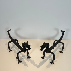 Pair of Wrought Iron Dragon Andirons, Heraldic Style, French circa 1940