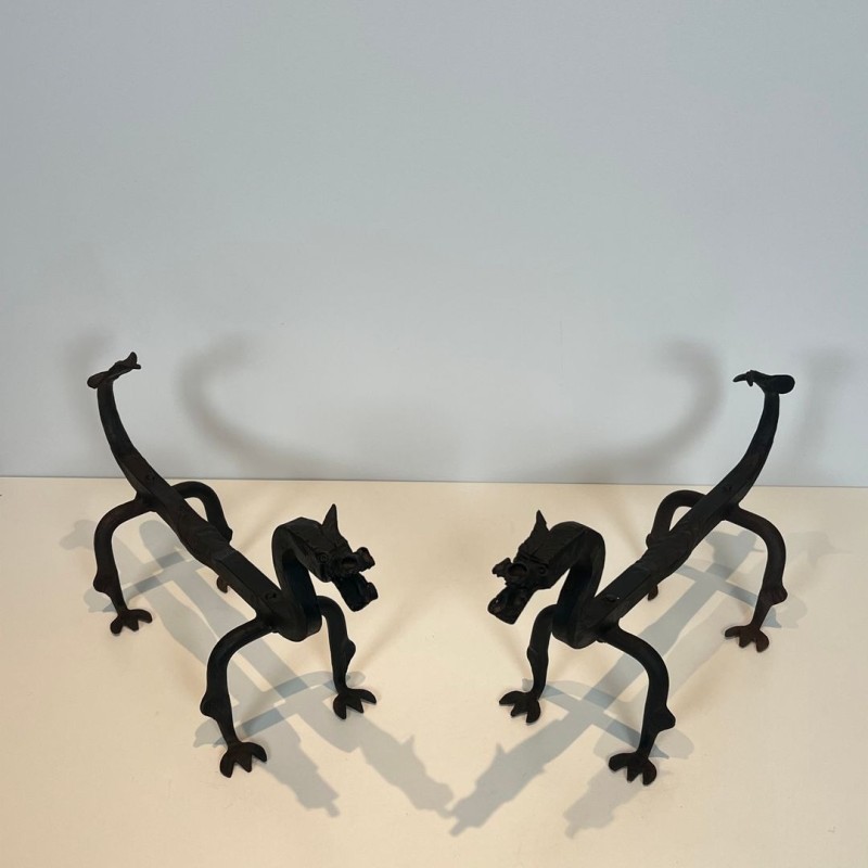 Pair of Wrought Iron Dragon Andirons, Heraldic Style, French circa 1940