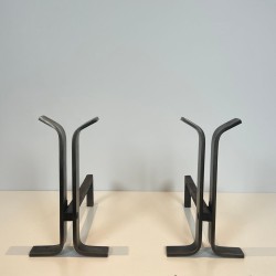 Paire de Chenets Modernistes en Acier à Montant Bifurqué, vers 1970