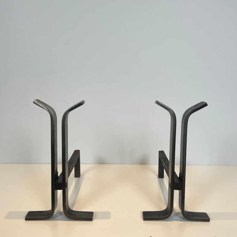 Paire de Chenets Modernistes en Acier à Montant Bifurqué, vers 1970