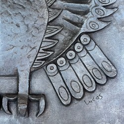 Modernist Cast Iron Fireback with Owl, Signed Lucas, Foundry Stern, French circa 1970