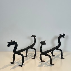 Pair of Wrought Iron Dragon Andirons, Heraldic Style, French circa 1940