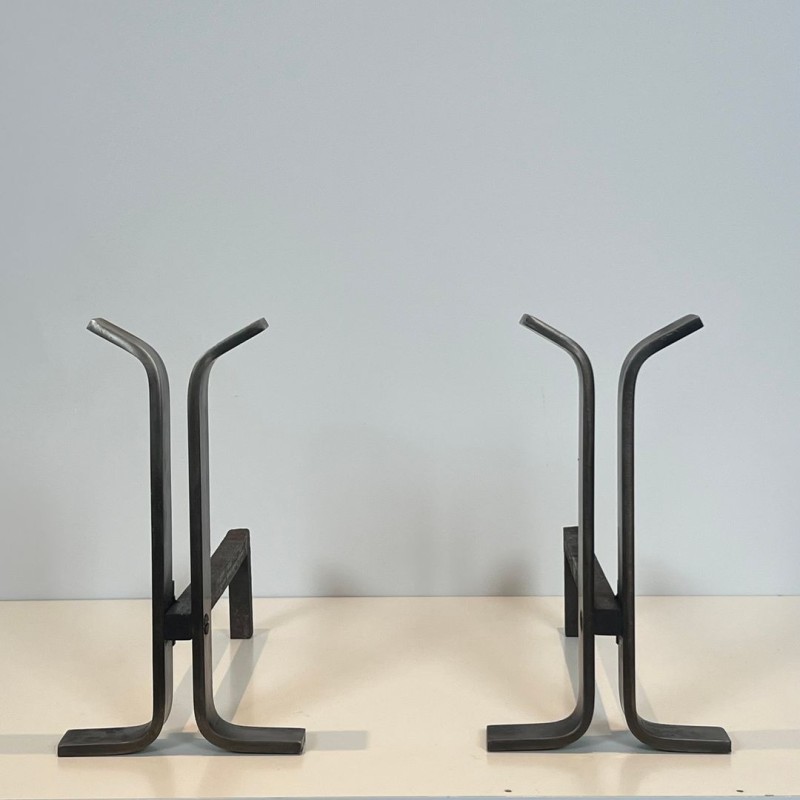 Pair of Modernist Steel Andirons with Bifurcated Upright, French circa 1970