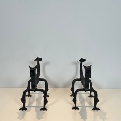 Pair of Wrought Iron Dragon Andirons, Heraldic Style, French circa 1940