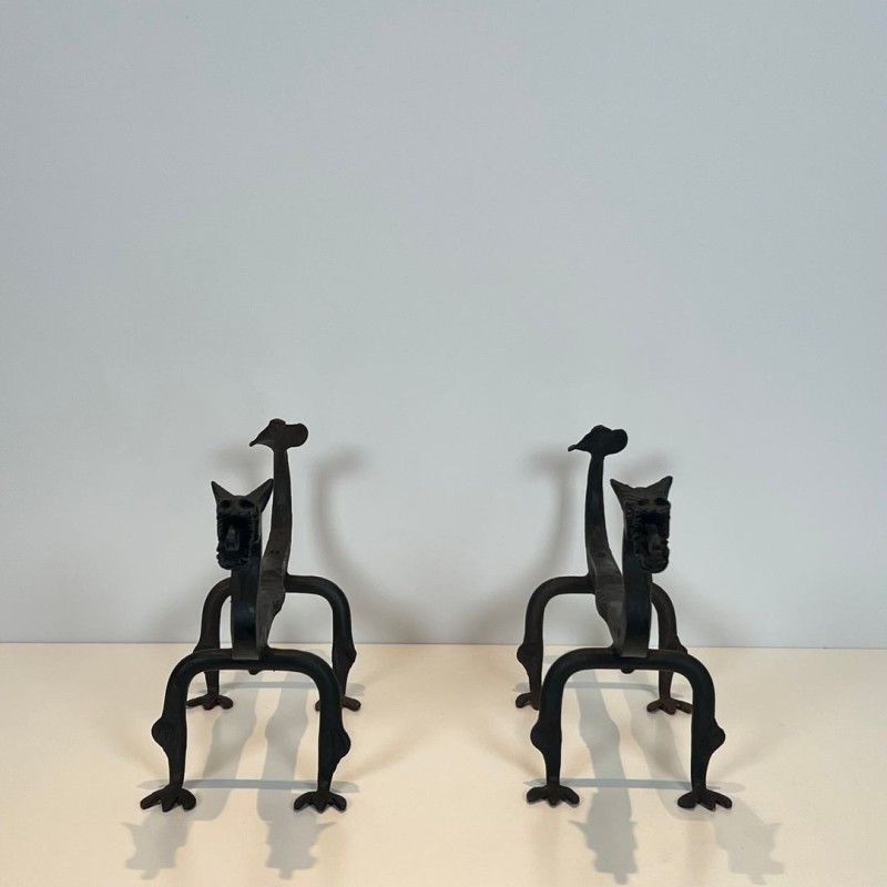 Pair of Wrought Iron Dragon Andirons, Heraldic Style, French circa 1940