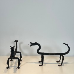 Pair of Wrought Iron Dragon Andirons, Heraldic Style, French circa 1940