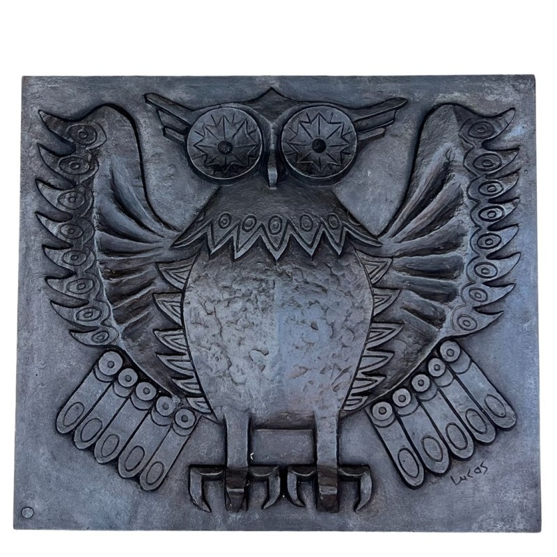 Plaque de Cheminée en Fonte Moderniste à la Chouette, Signée Lucas, Fonderie Stern, vers 1970