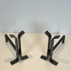 Pair of Modernist Steel Andirons with Bifurcated Upright, French circa 1970