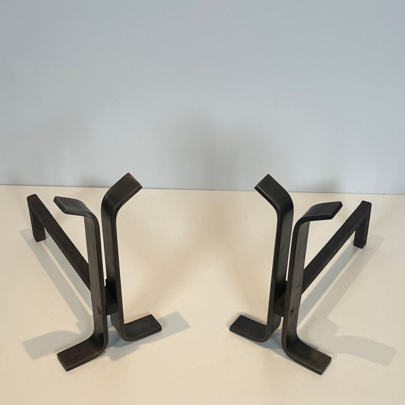 Pair of Modernist Steel Andirons with Bifurcated Upright, French circa 1970