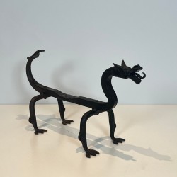 Pair of Wrought Iron Dragon Andirons, Heraldic Style, French circa 1940
