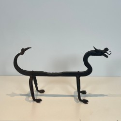 Pair of Wrought Iron Dragon Andirons, Heraldic Style, French circa 1940