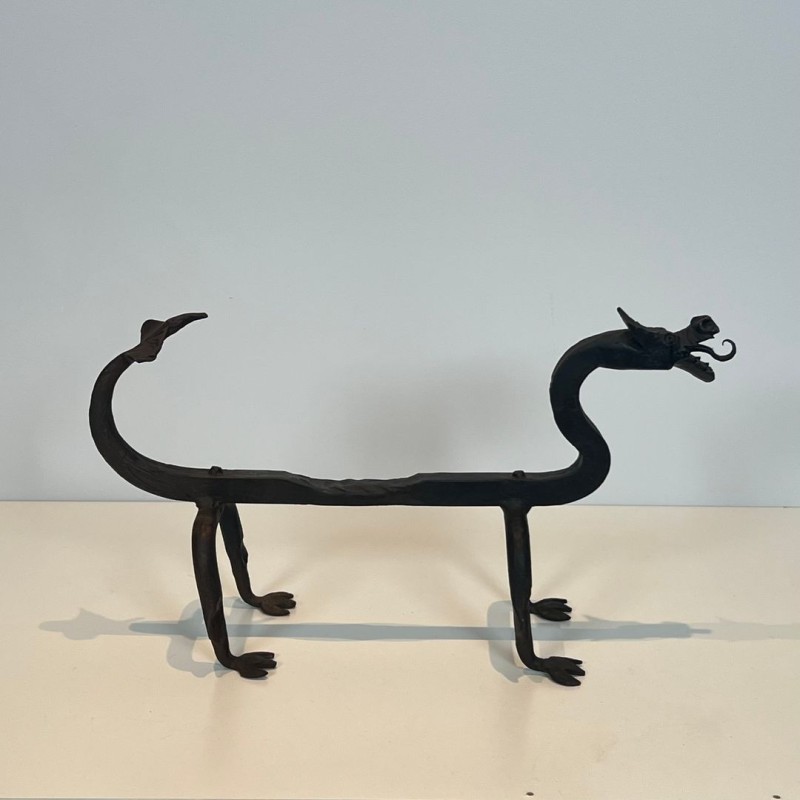 Pair of Wrought Iron Dragon Andirons, Heraldic Style, French circa 1940