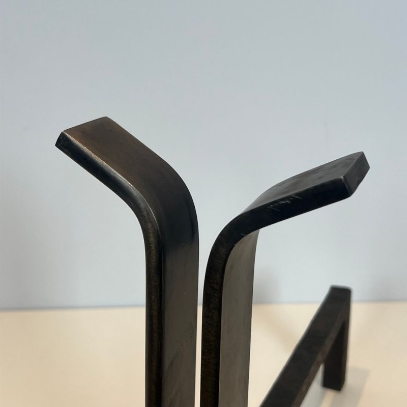 Paire de Chenets Modernistes en Acier à Montant Bifurqué, vers 1970