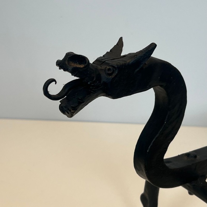 Pair of Wrought Iron Dragon Andirons, Heraldic Style, French circa 1940