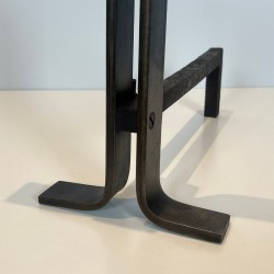 Pair of Modernist Steel Andirons with Bifurcated Upright, French circa 1970