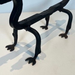 Pair of Wrought Iron Dragon Andirons, Heraldic Style, French circa 1940