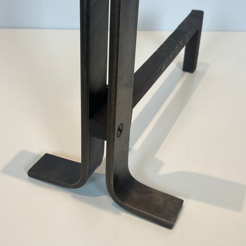 Pair of Modernist Steel Andirons with Bifurcated Upright, French circa 1970
