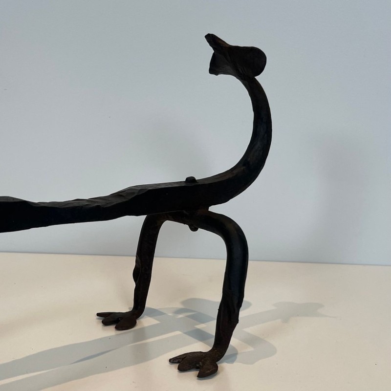 Pair of Wrought Iron Dragon Andirons, Heraldic Style, French circa 1940