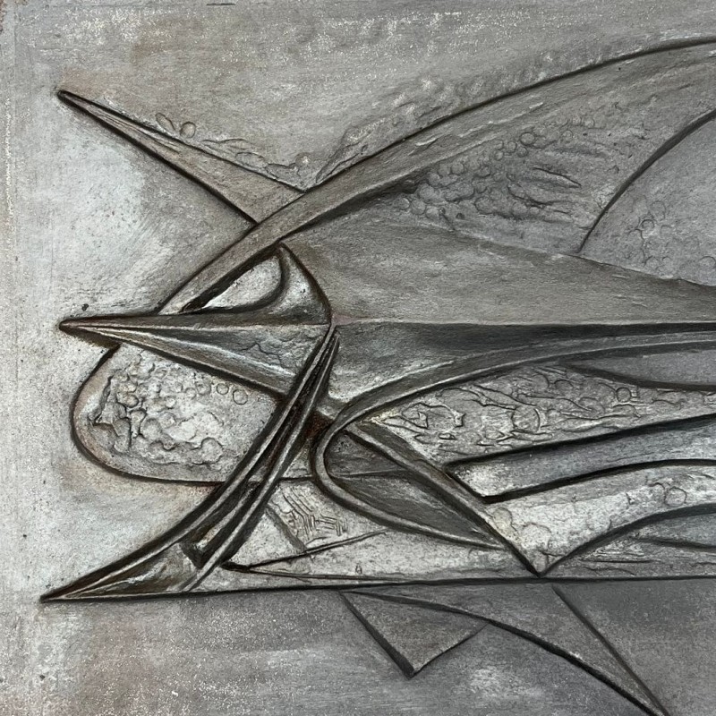 Plaque de Cheminée en Fonte Moderniste à Motif d’Oiseau Abstrait, Signée, Fonderie Stern, vers 1950