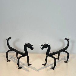 Pair of Wrought Iron Dragon Andirons, Heraldic Style, French circa 1940