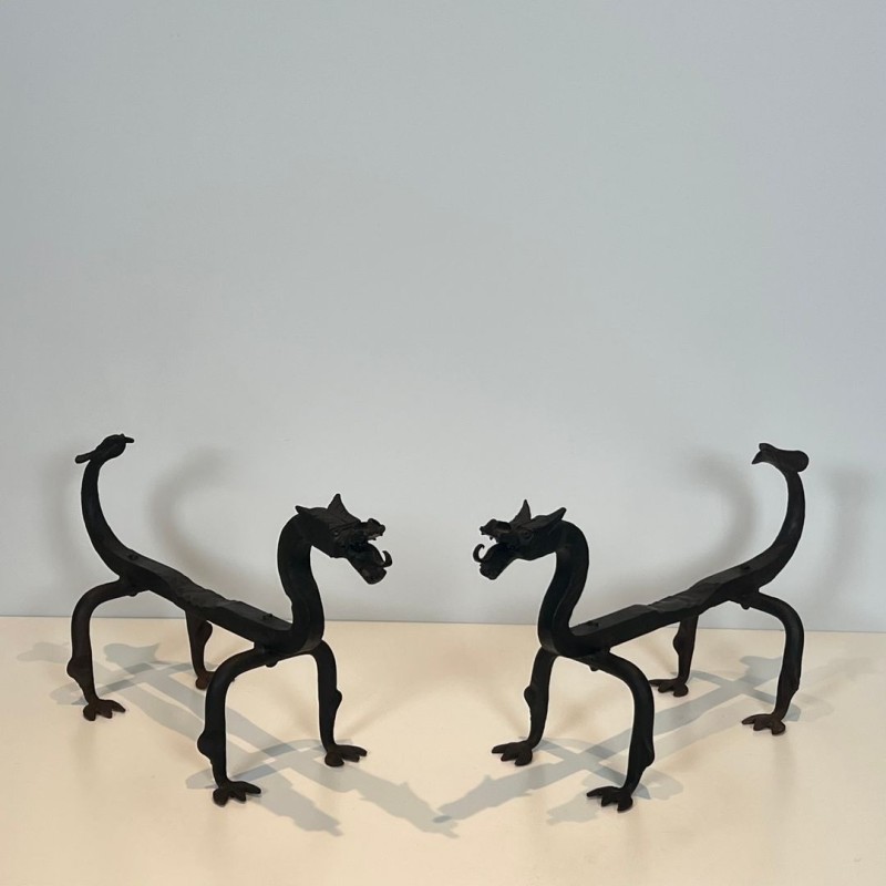 Pair of Wrought Iron Dragon Andirons, Heraldic Style, French circa 1940